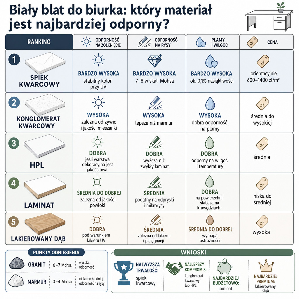 Porównanie materiałów na biały blat do biurka pod kątem UV, rys, wilgoci i ceny.