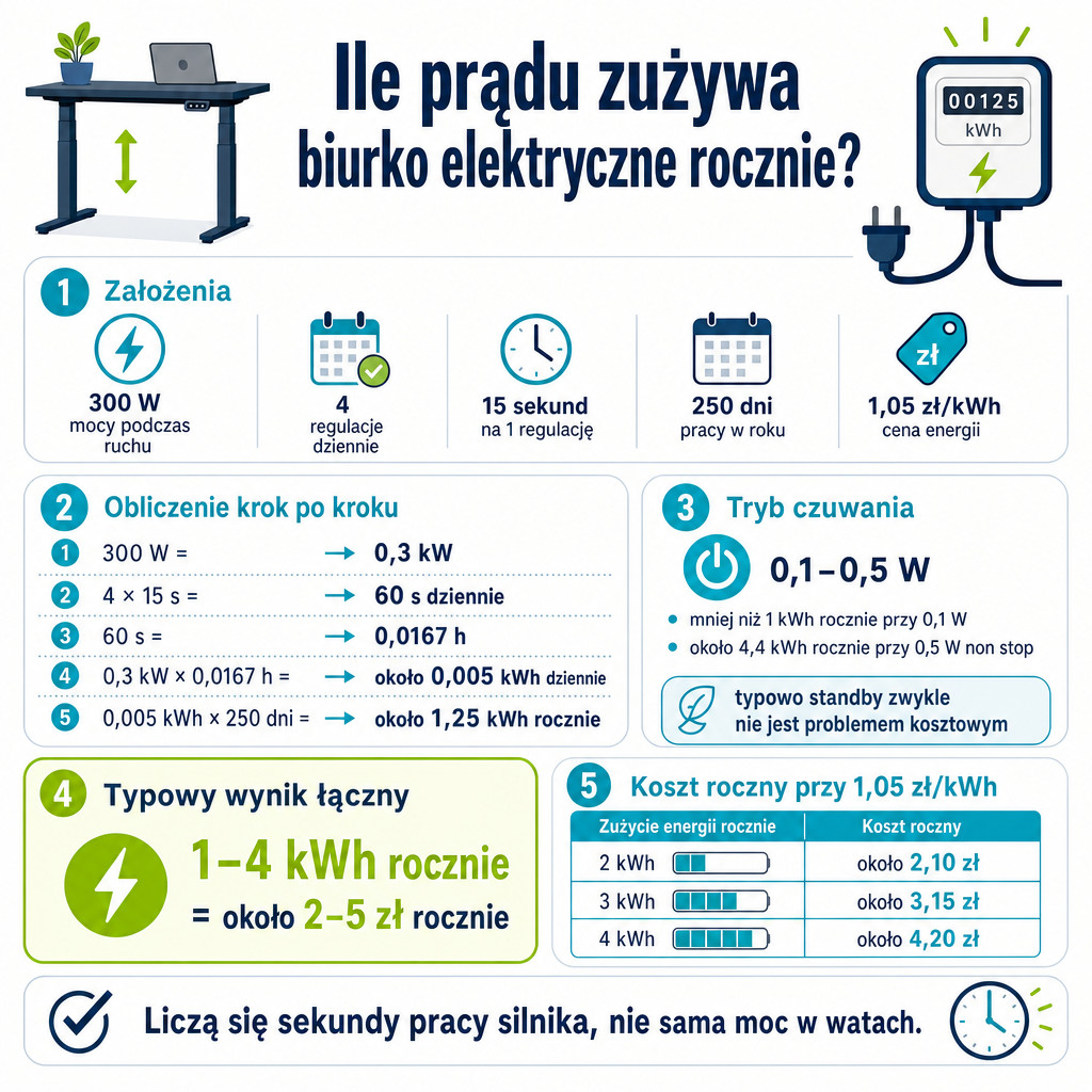 Infografika pokazująca, jak obliczyć roczne zużycie prądu i koszt biurka elektrycznego.