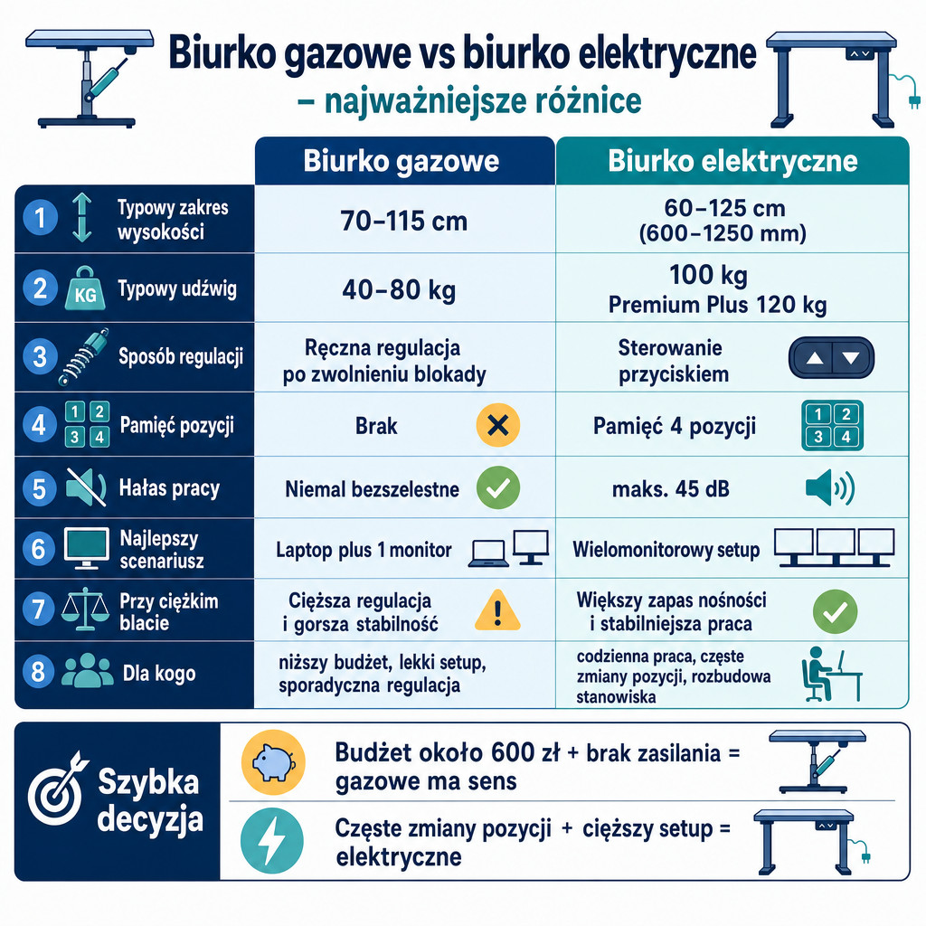 Porównanie biurka gazowego i elektrycznego: zakres wysokości, udźwig, hałas i wygoda użytkowania.
