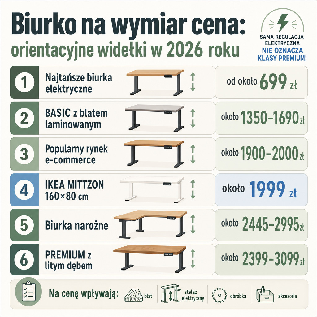 Porównanie orientacyjnych cen biurek na wymiar z regulacją wysokości w 2026 roku.