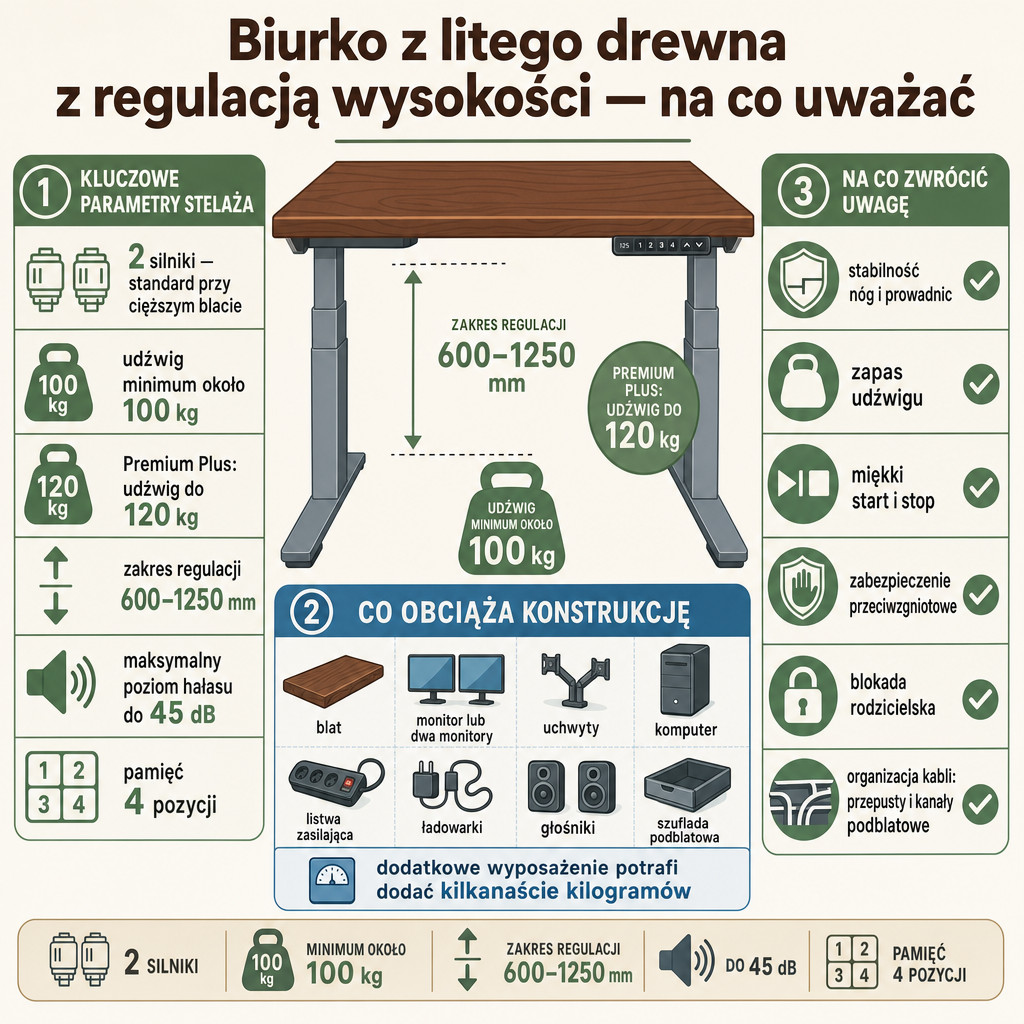 Najważniejsze parametry stelaża do biurka regulowanego z litego drewna.