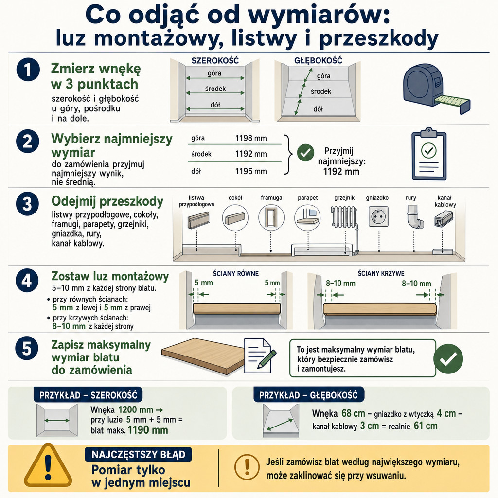 Infografika pokazująca, co odjąć od wymiarów wnęki przed zamówieniem blatu do biurka.