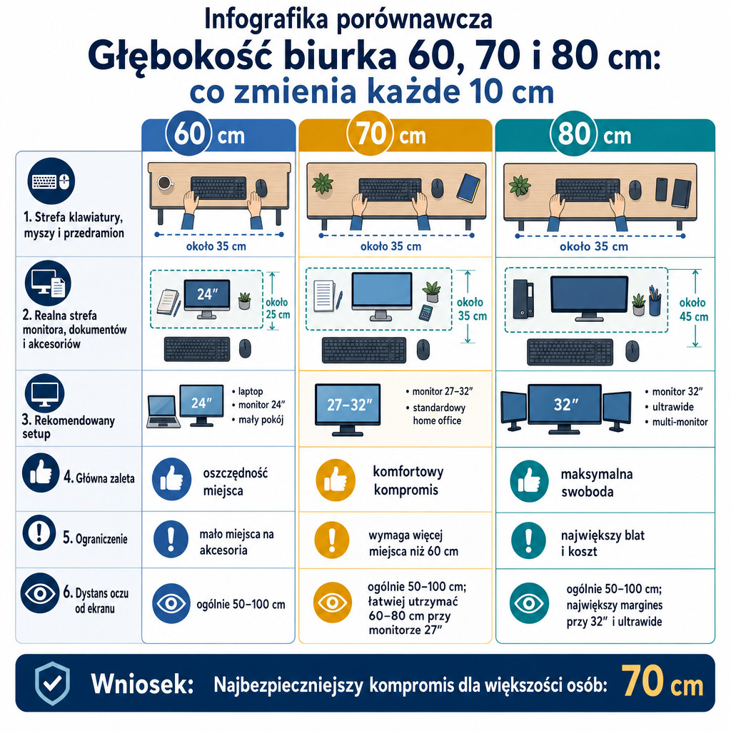 Porównanie głębokości biurka 60, 70 i 80 cm do różnych setupów i ergonomii.