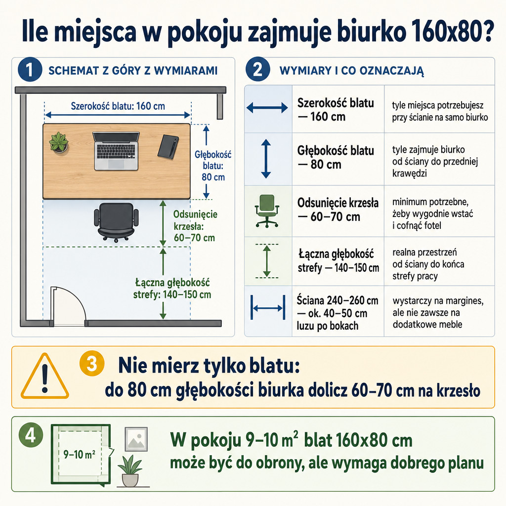 Infografika pokazująca realną strefę pracy dla biurka 160x80 cm z miejscem na krzesło i wymaganymi wymiarami.