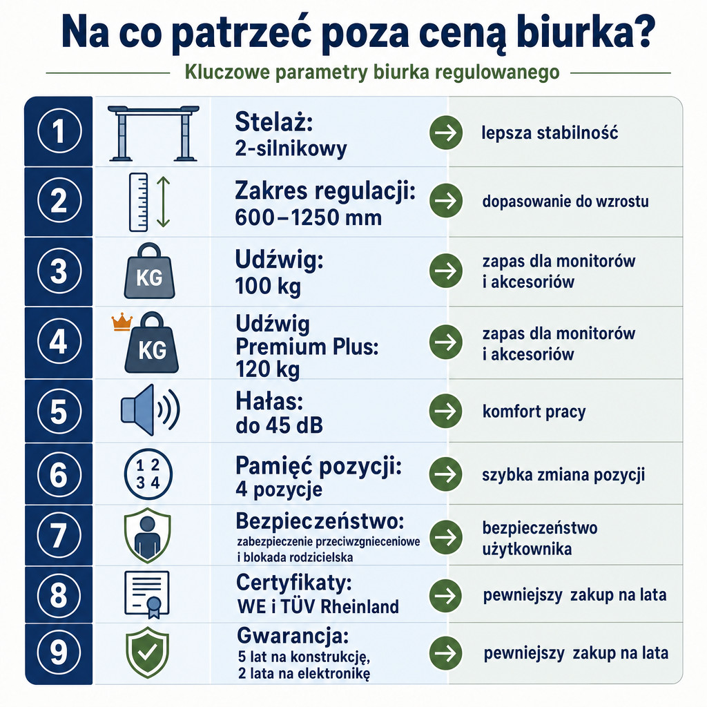 Porównanie kluczowych parametrów biurka regulowanego: stelaż, zakres, udźwig, hałas, bezpieczeństwo i gwarancja.