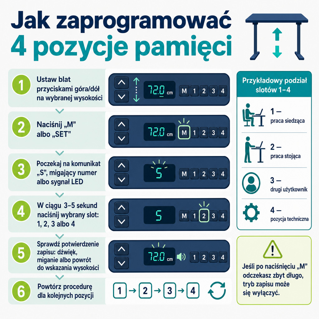 Schemat programowania 4 pozycji pamięci w sterowniku biurka elektrycznego.