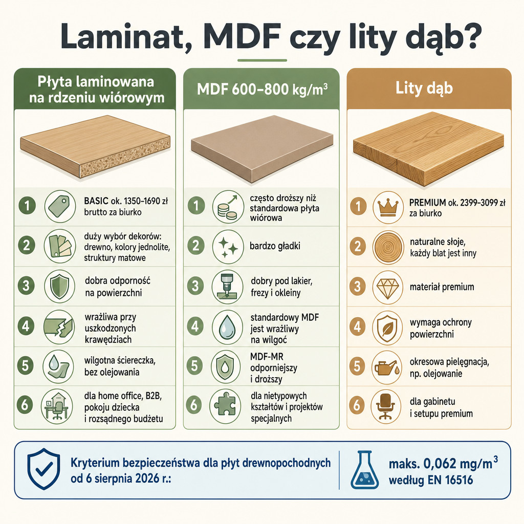 Porównanie laminatu, MDF i litego dębu do blatu biurka regulowanego