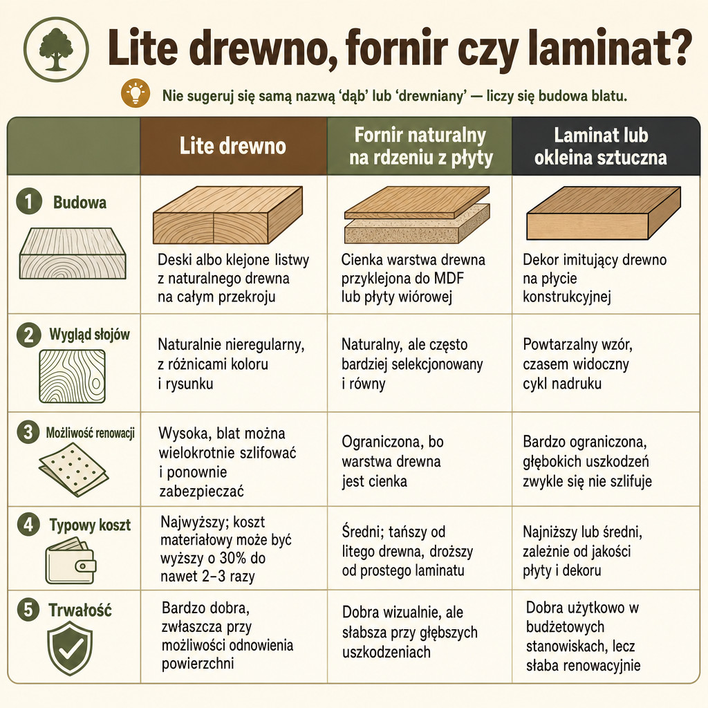 Porównanie litego drewna, forniru i laminatu pod względem budowy, kosztu, trwałości i renowacji.