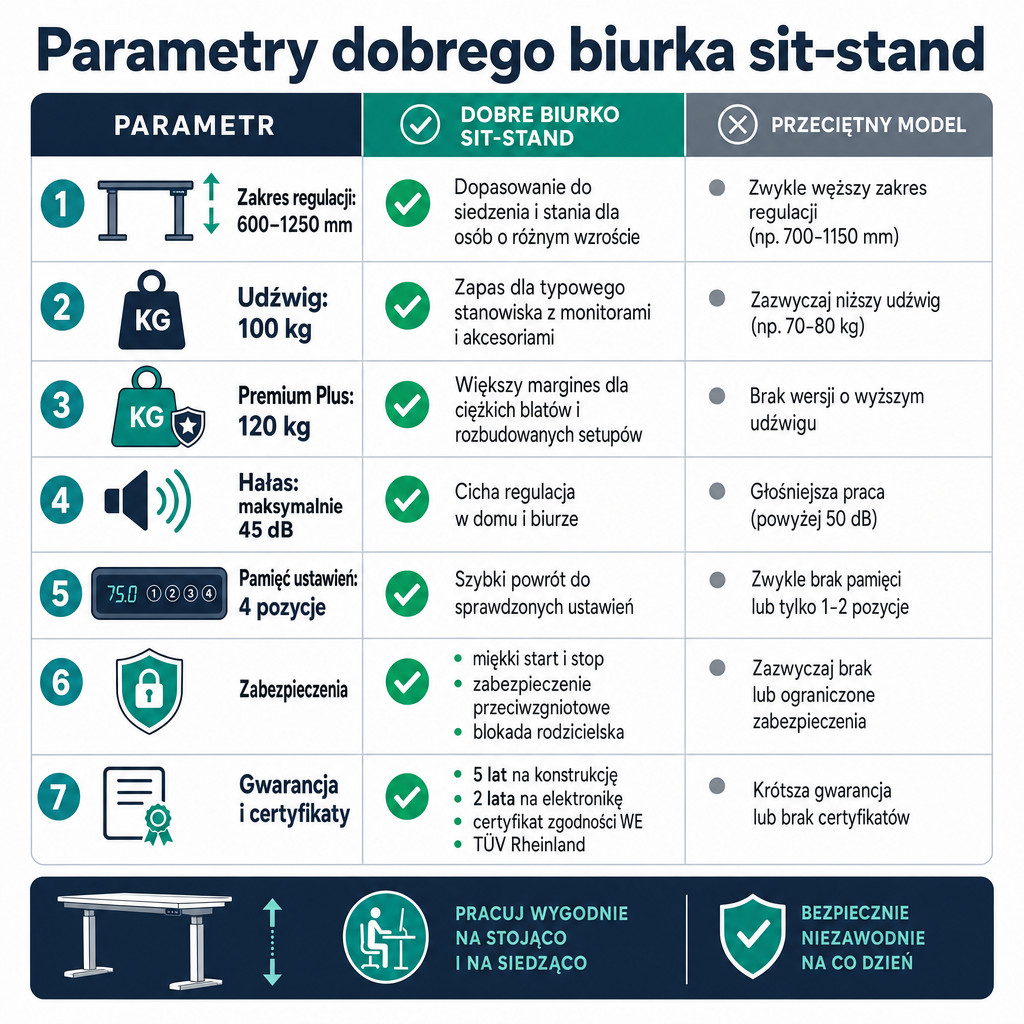 Infografika z kluczowymi parametrami dobrego biurka sit-stand: zakres 600–1250 mm, udźwig 100–120 kg, hałas 45 dB i 4 pozycje pamięci.