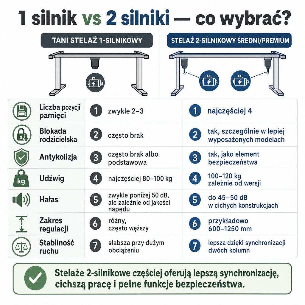 Porównanie taniego stelaża 1-silnikowego i stelaża 2-silnikowego średni lub premium.