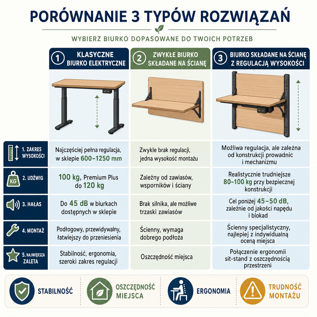 Porównanie klasycznego biurka elektrycznego i dwóch wariantów biurka ściennego