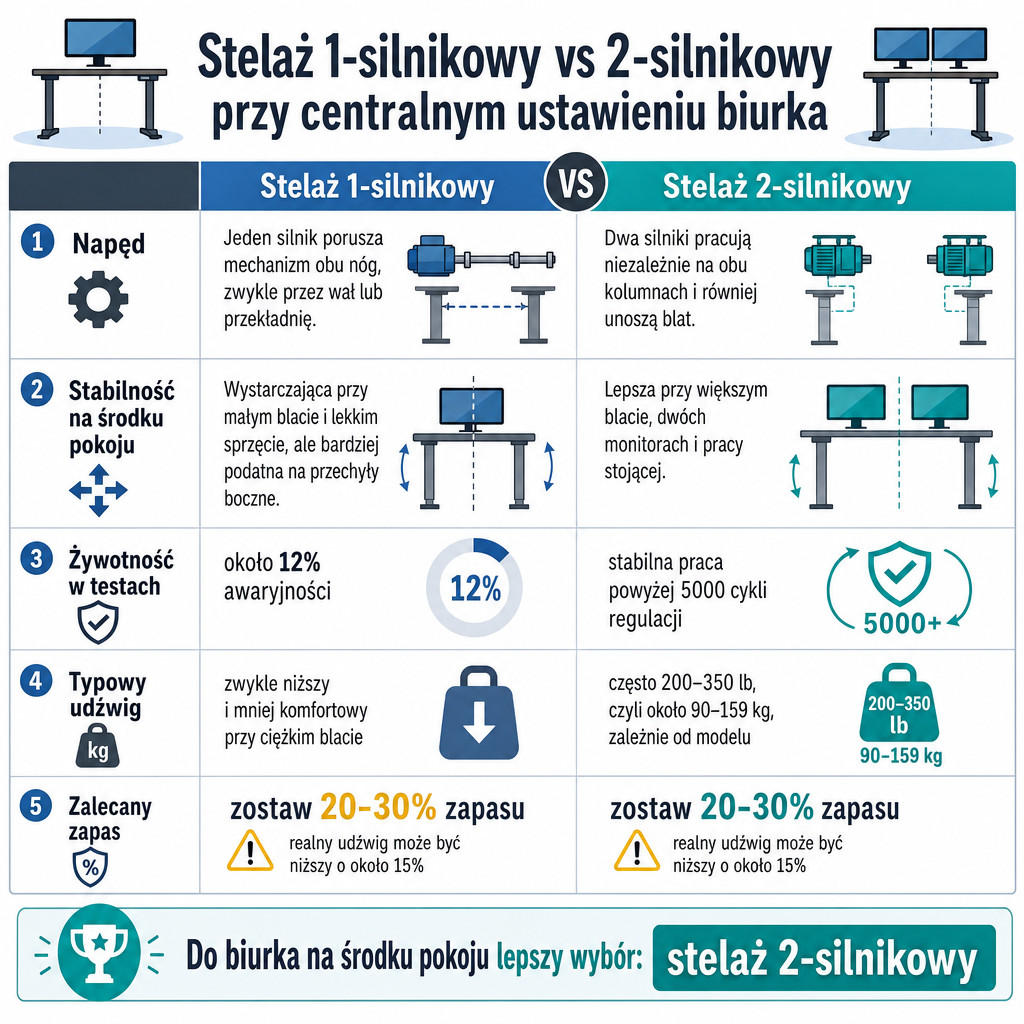 Porównanie stelaża 1-silnikowego i 2-silnikowego do biurka na środku pokoju.