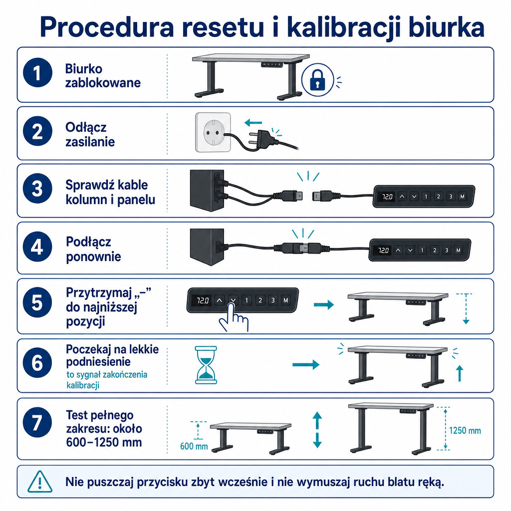 Procedura resetu i kalibracji biurka elektrycznego krok po kroku