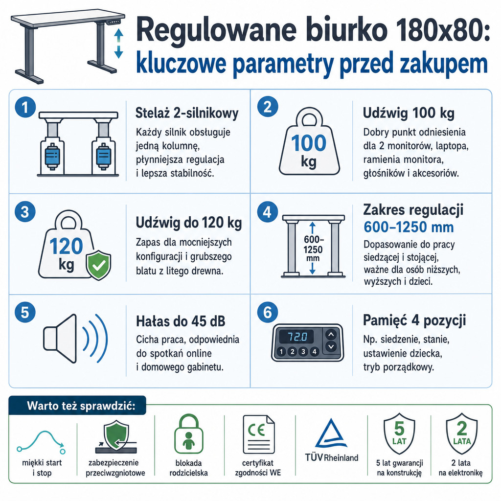 Infografika z najważniejszymi parametrami technicznymi regulowanego biurka 180x80