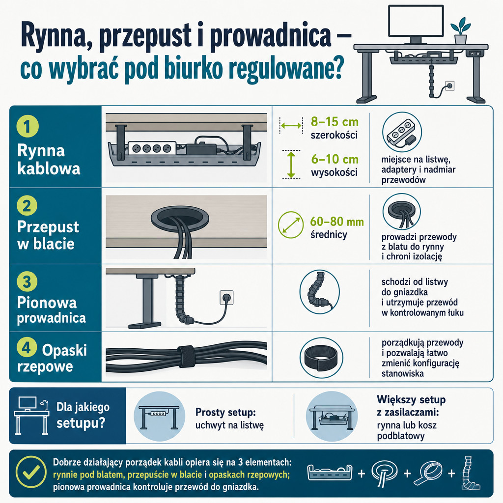Porównanie rynny kablowej, przepustu 60–80 mm, pionowej prowadnicy i opasek rzepowych do biurka regulowanego.