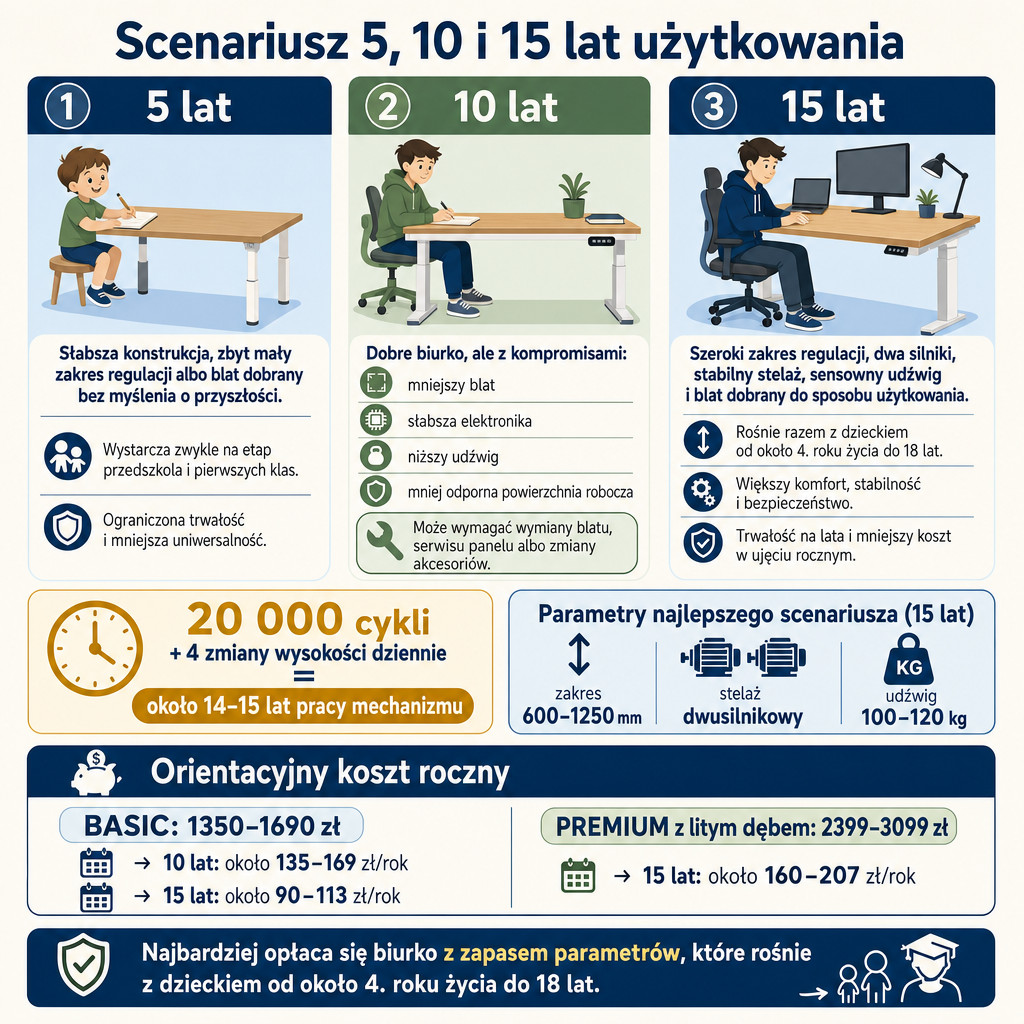 Porównanie scenariuszy 5, 10 i 15 lat użytkowania biurka rosnącego z dzieckiem wraz z kosztami rocznymi.