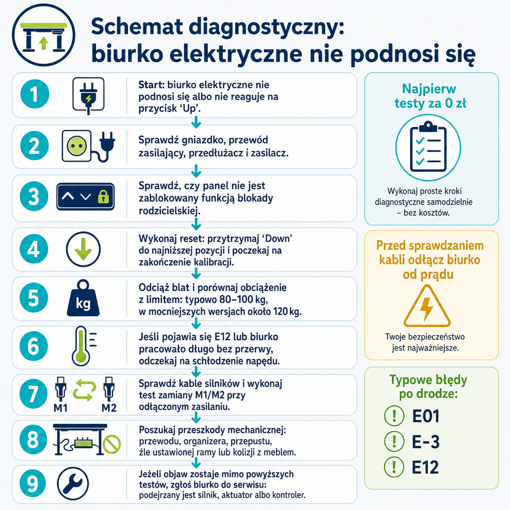 Schemat diagnostyczny biurka elektrycznego krok po kroku