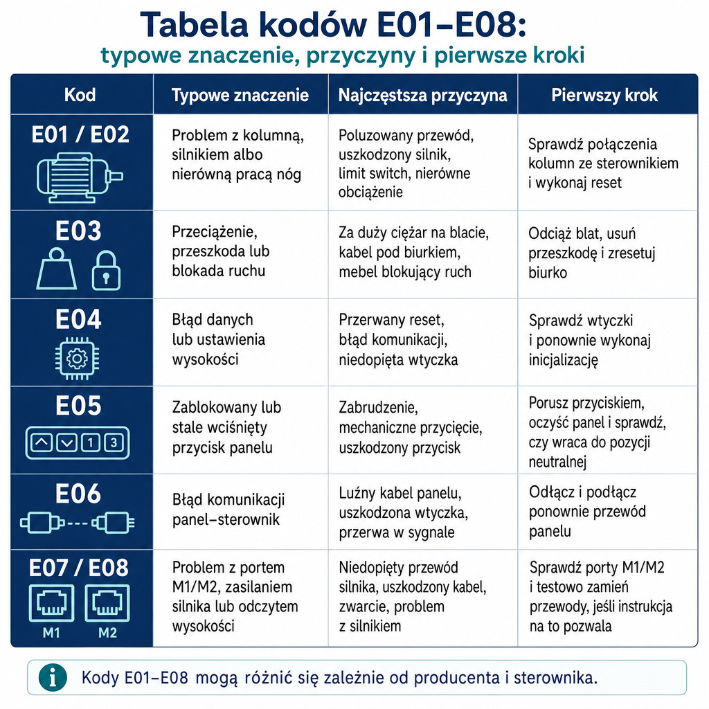 Tabela kodów błędów E01–E08 w biurku regulowanym z przyczynami i pierwszymi krokami diagnostycznymi.