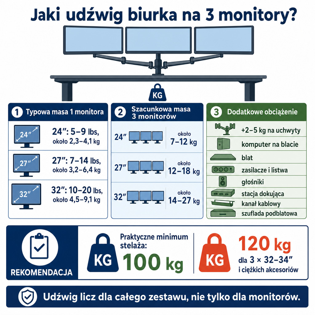 Infografika pokazująca masę monitorów 24, 27 i 32 cali oraz rekomendowany udźwig biurka.