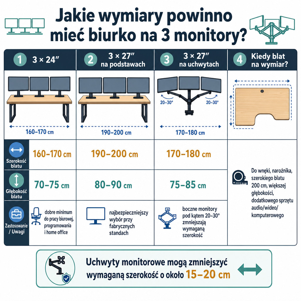 Porównanie rekomendowanych wymiarów biurka dla konfiguracji z 3 monitorami 24 i 27 cali.