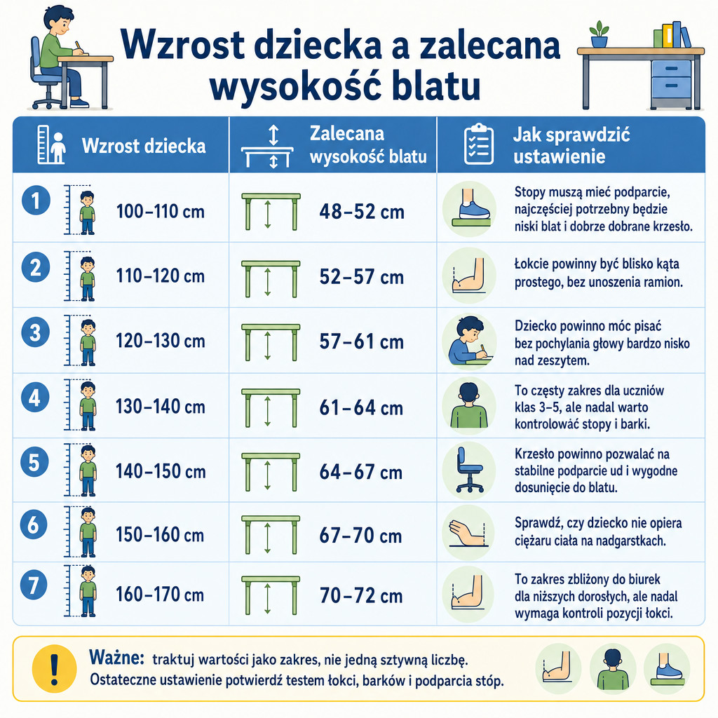 Tabela pokazująca zalecaną wysokość biurka dla dziecka przy wzroście od 100 do 170 cm.