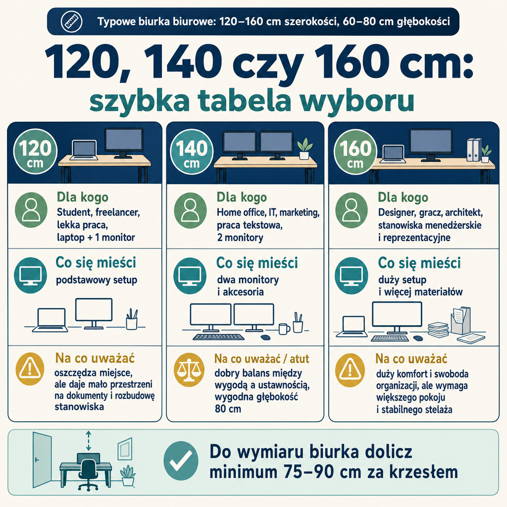 Porównanie biurek 120 cm, 140 cm i 160 cm do różnych zastosowań