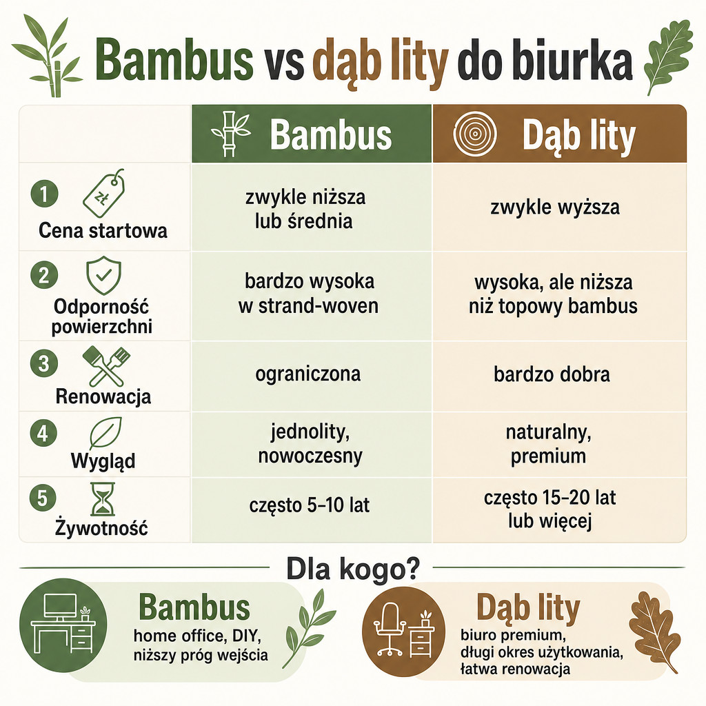 Porównanie blatu bambusowego i dębowego pod względem ceny, trwałości, renowacji i wyglądu.