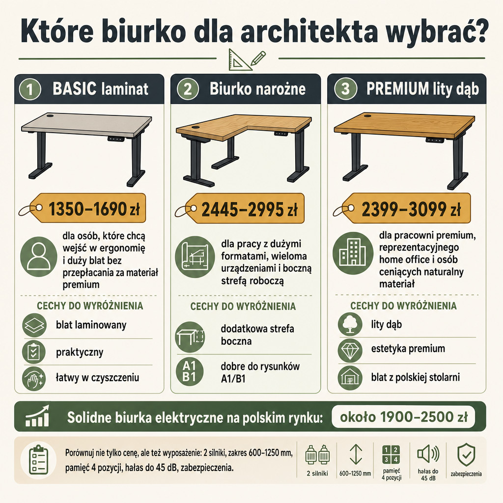 Porównanie cen i zastosowań biurek BASIC, narożnych i PREMIUM dla architekta.