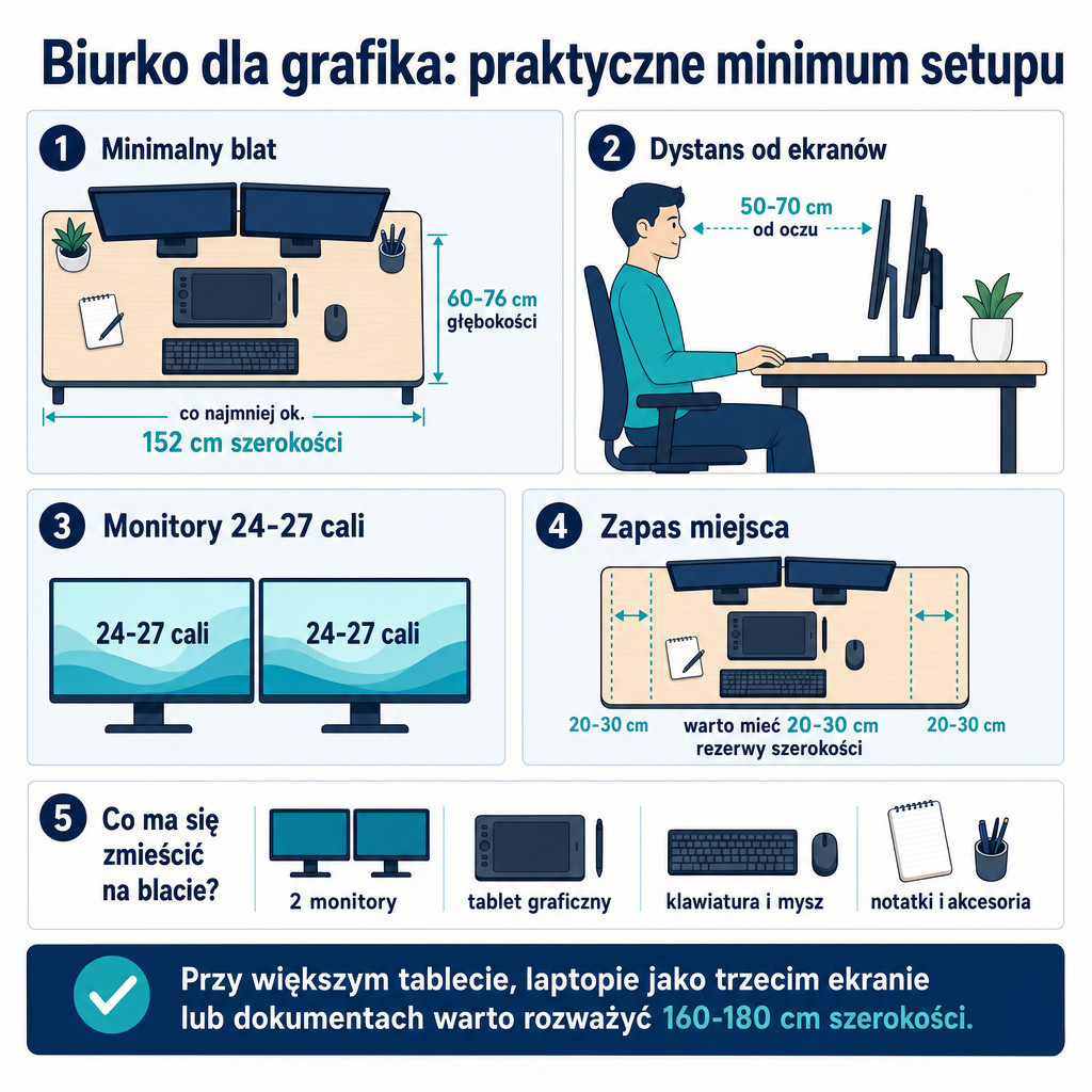 Infografika z minimalnymi wymiarami biurka dla grafika z dwoma monitorami i tabletem.