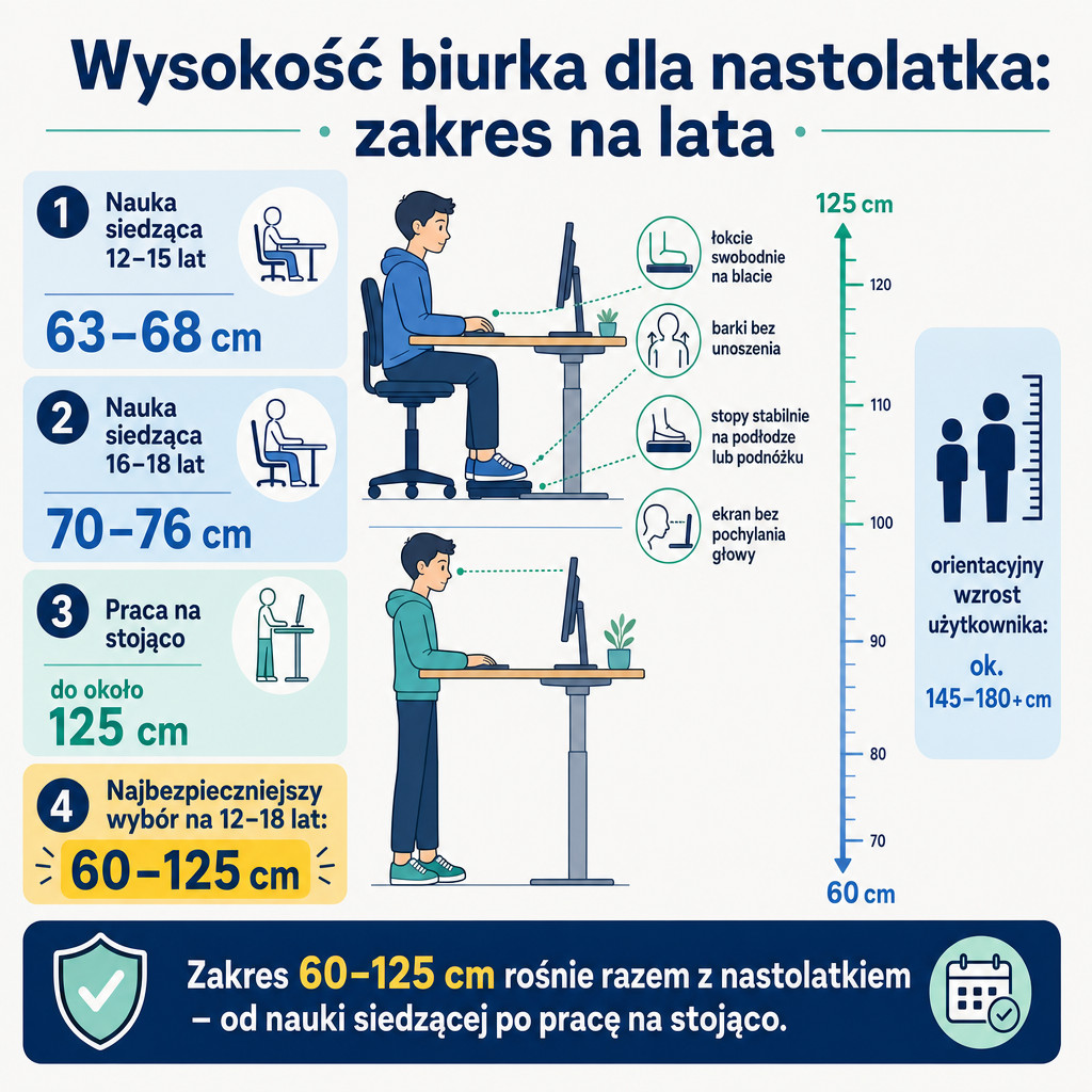 Zakresy wysokości biurka regulowanego dla nastolatka: 63–68 cm, 70–76 cm i do 125 cm.