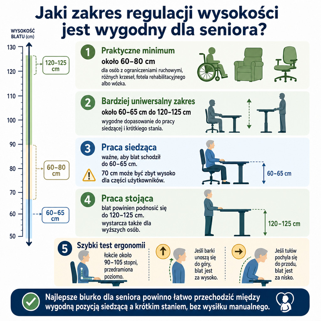 Porównanie zakresów regulacji wysokości biurka dla seniora z testem ergonomii łokci 90–105 stopni.