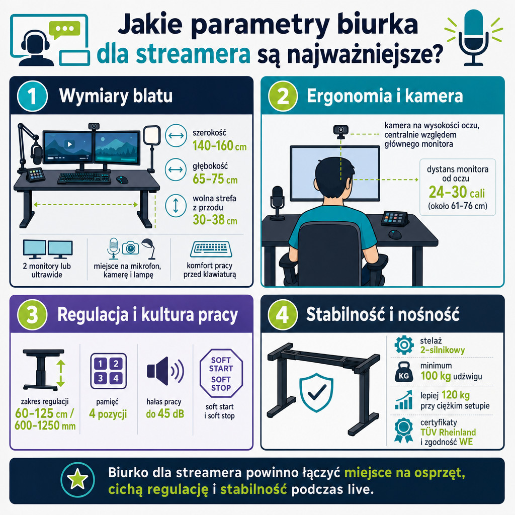 Najważniejsze parametry biurka dla streamera: wymiary, regulacja wysokości, hałas i udźwig.