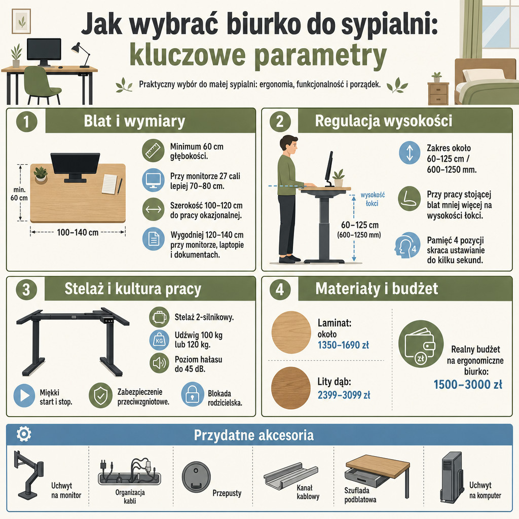 Porównanie parametrów biurka do sypialni: wymiary, regulacja, hałas, udźwig i budżet.