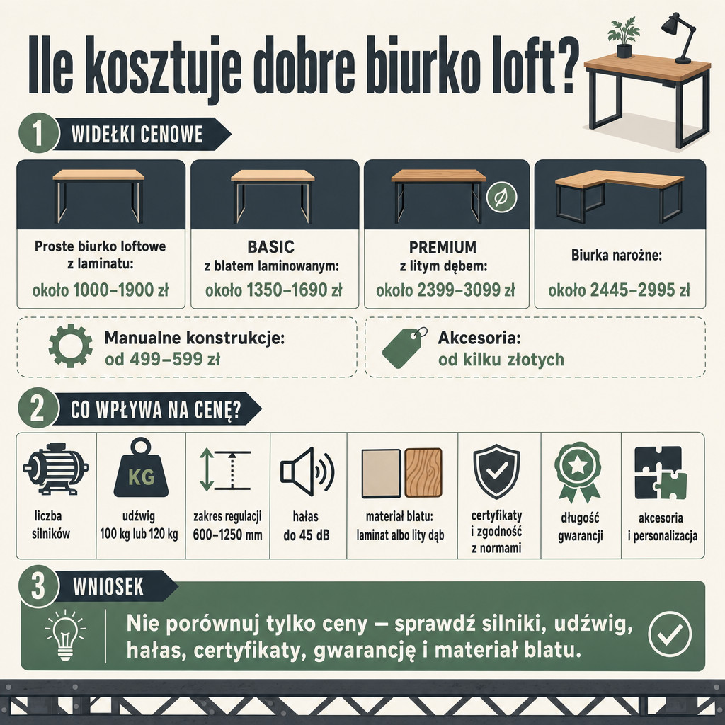 Porównanie cen biurek loft oraz parametrów wpływających na cenę.