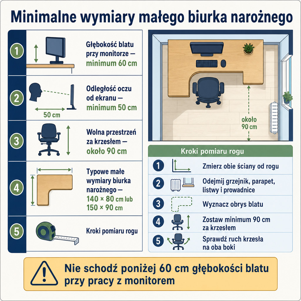 Minimalne wymiary i odstępy dla małego biurka narożnego z monitorem.