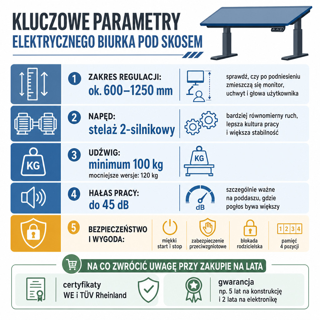 Porównanie najważniejszych parametrów elektrycznego biurka pod skosem.