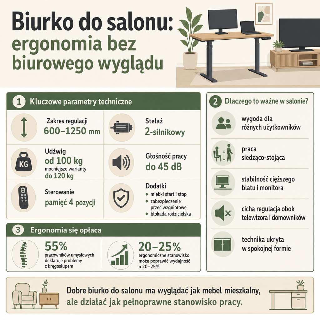 Porównanie kluczowych parametrów biurka do salonu: regulacja, udźwig, hałas i funkcje ergonomiczne.
