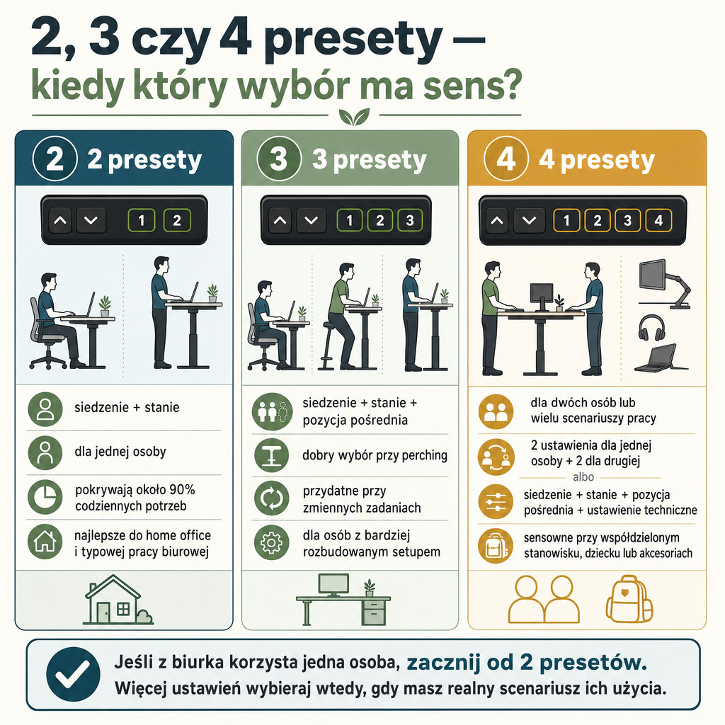 Porównanie 2, 3 i 4 presetów pamięci w biurku elektrycznym