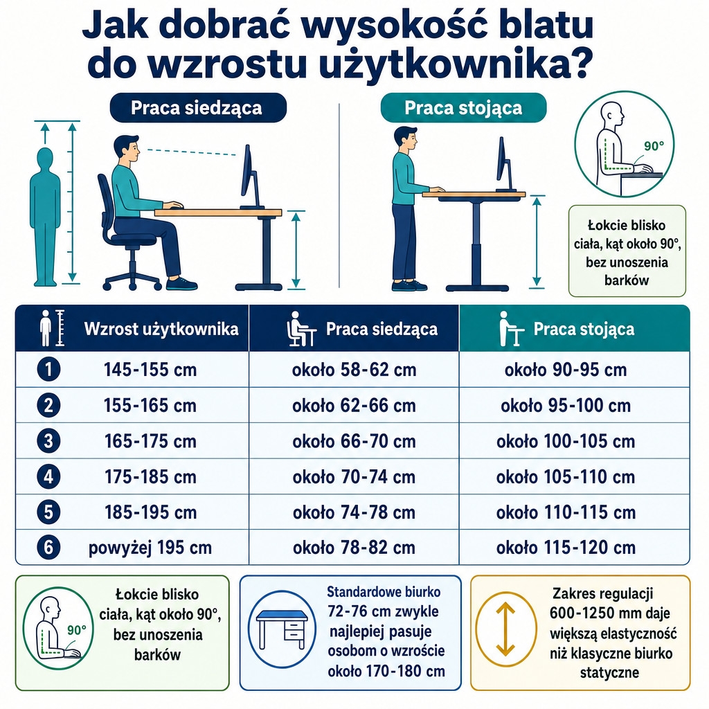 Tabela wysokości blatu do pracy siedzącej i stojącej według wzrostu użytkownika.