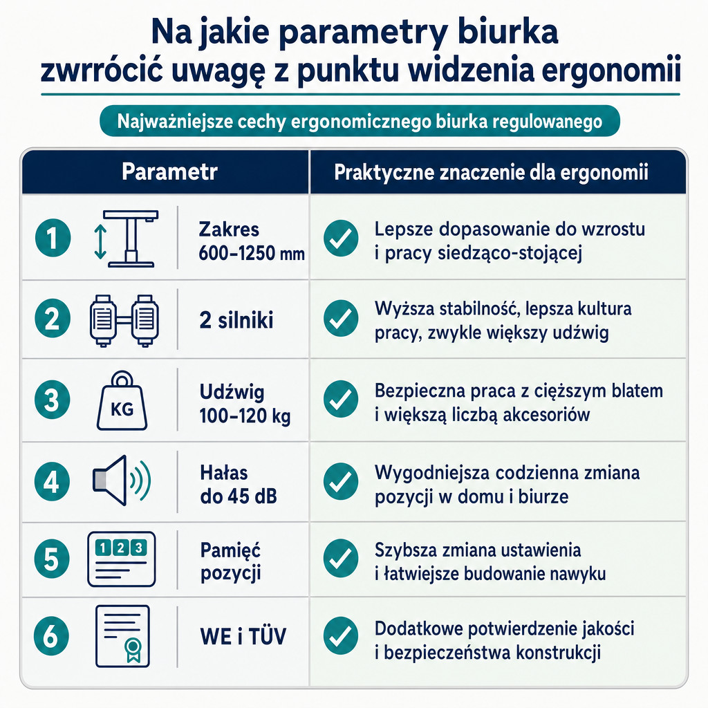 Tabela najważniejszych parametrów ergonomicznego biurka regulowanego