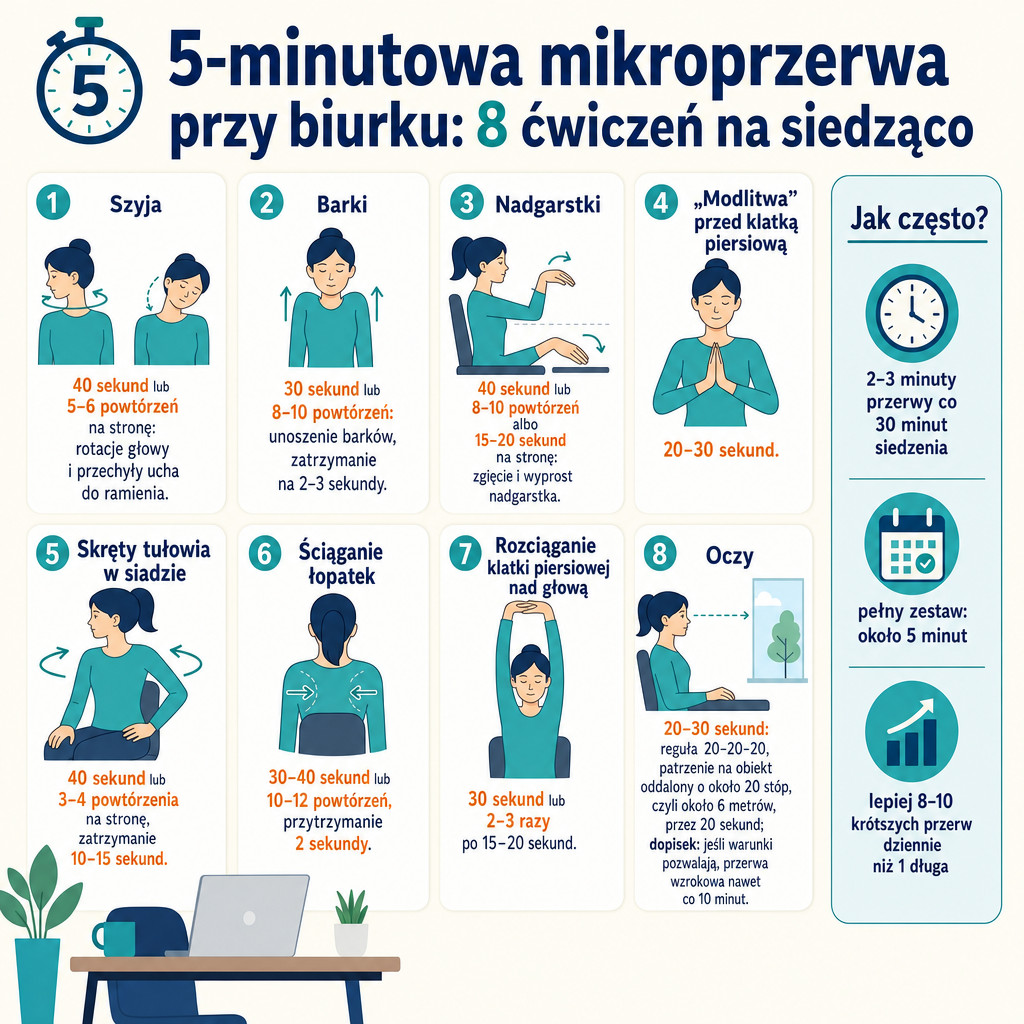 Infografika z 8 ćwiczeniami przy biurku do wykonania w 5 minut na siedząco.