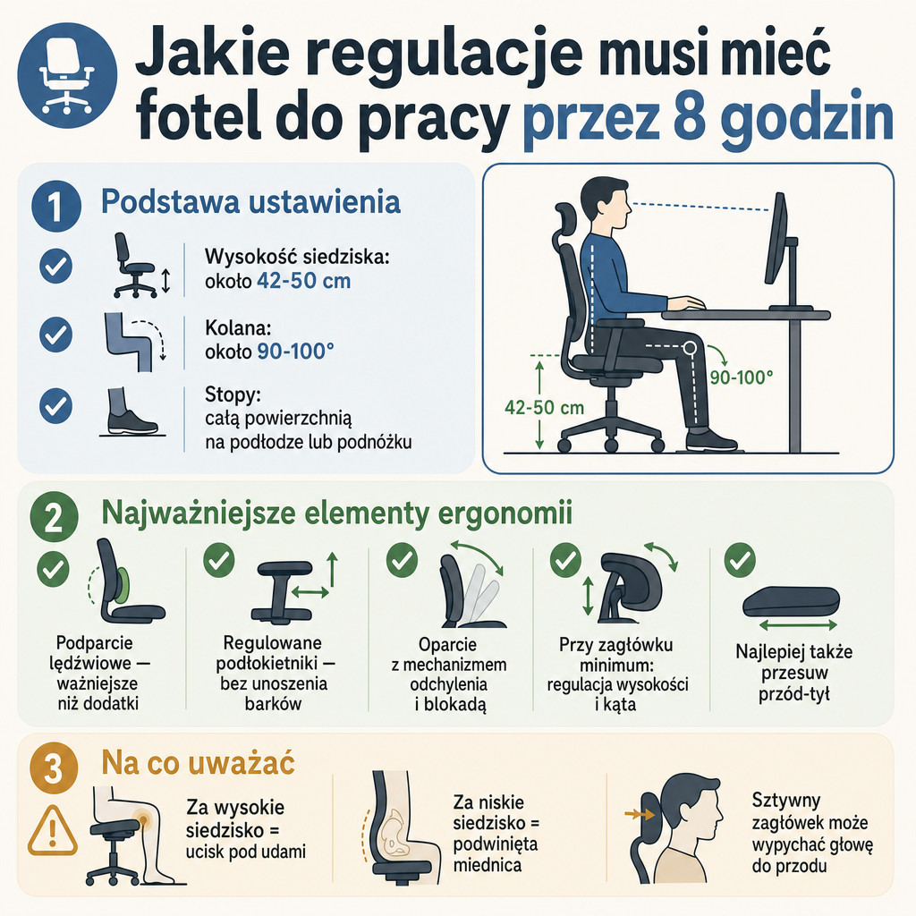 Infografika o najważniejszych regulacjach fotela do pracy przez 8 godzin