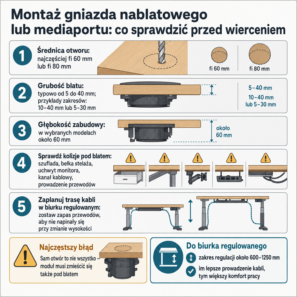 Infografika pokazująca 5 rzeczy do sprawdzenia przed montażem gniazda nablatowego lub mediaportu w blacie.