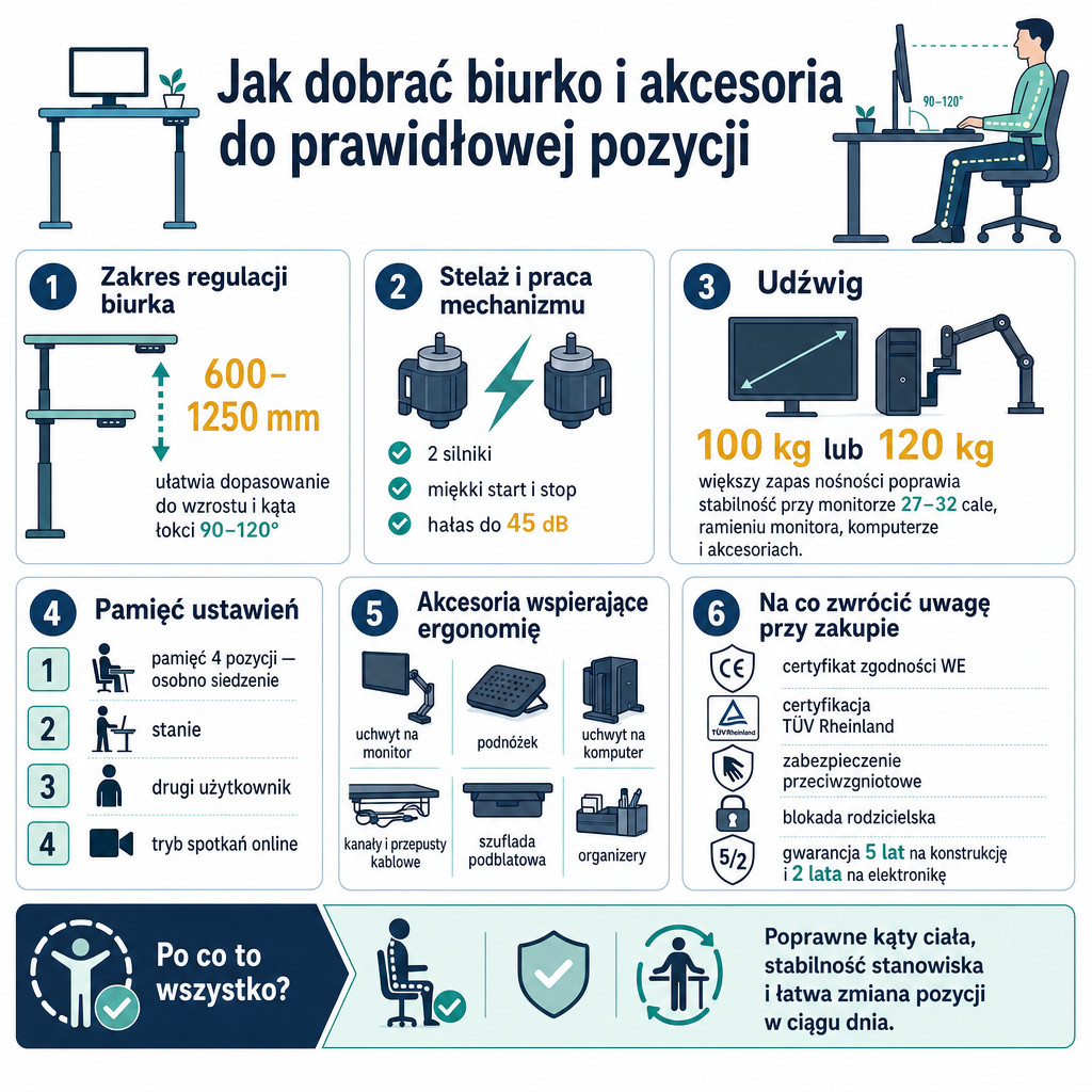 Parametry biurka regulowanego i akcesoria wspierające ergonomiczną pozycję przy pracy