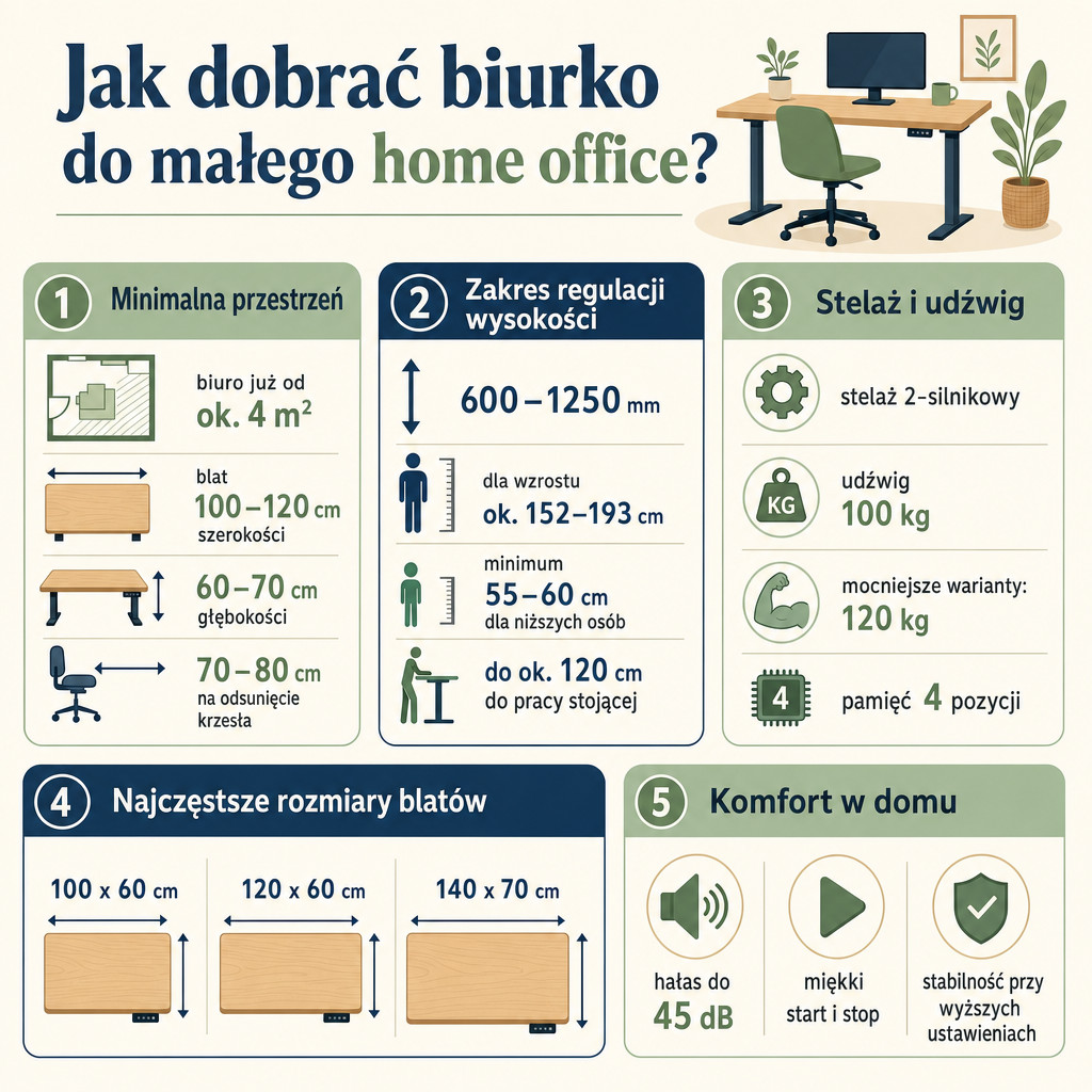 Infografika z wymiarami i parametrami biurka do małego home office.