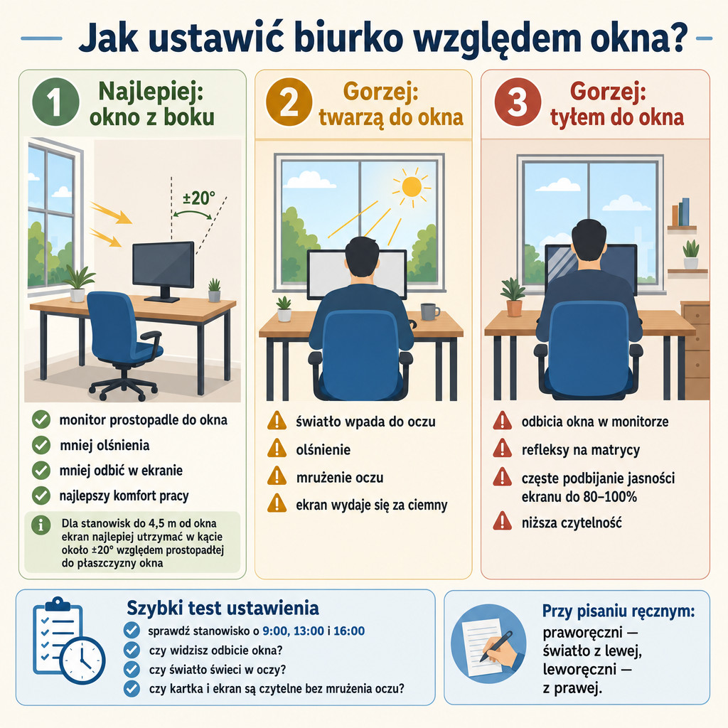 Porównanie trzech ustawień biurka względem okna z zaznaczeniem najlepszego wariantu bokiem do okna.