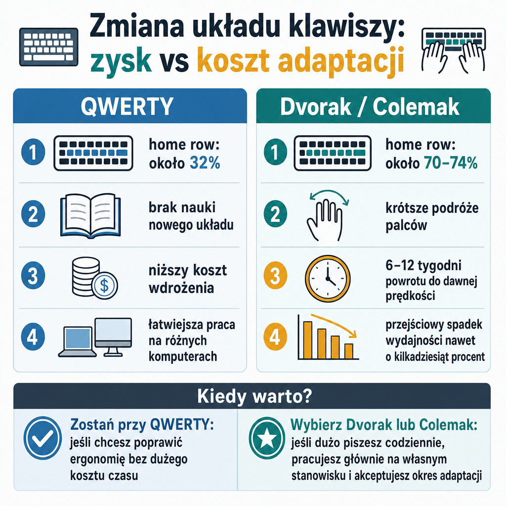 Porównanie QWERTY z Dvorak i Colemak pod kątem home row i czasu adaptacji