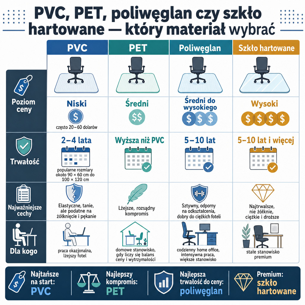 Porównanie materiałów mat pod krzesło: PVC, PET, poliwęglan i szkło hartowane.