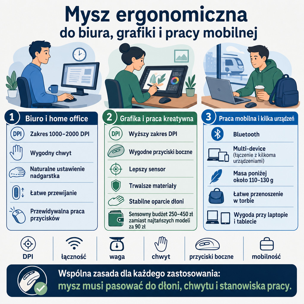 Porównanie cech myszy ergonomicznej do biura, grafiki i pracy mobilnej