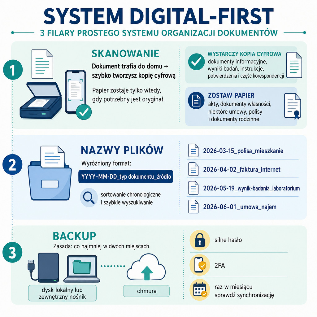 Schemat systemu digital-first: skanowanie dokumentów, nazewnictwo plików i backup w dwóch miejscach.
